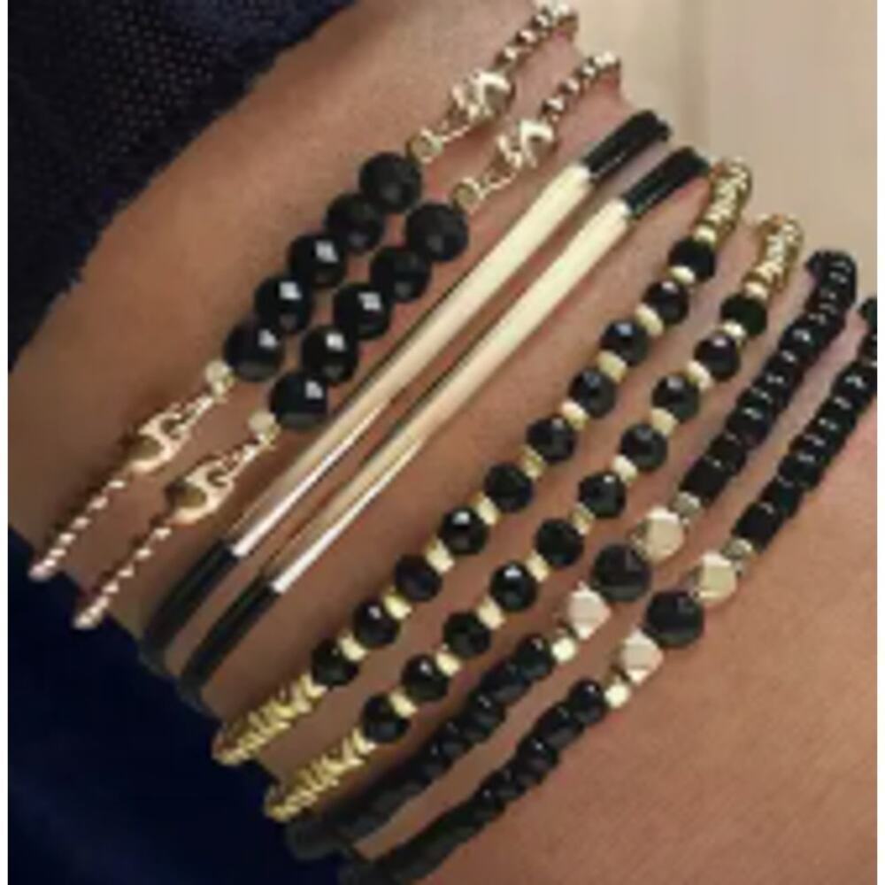 NEW 8pc BOHO style beaded bracelets, mixed black and gold bracelets